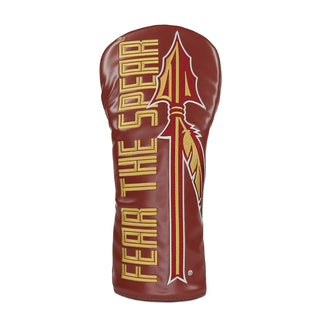 Florida State University Fear the Spear driver golf headcover in gold and burgundy.