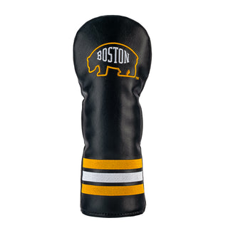Black golf club head cover with 'Boston' logo on a white background