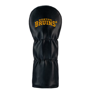 Black golf club head cover with 'Boston Bruins' logo on a white background