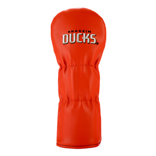 Orange golf club head cover with 'Anaheim Ducks' text on a white background