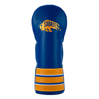 Blue golf club fairway headcover with yellow Buffalo Sabres logo and stripes on a white background