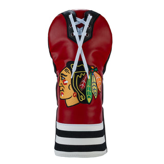 Chicago Blackhawks driver golf headcover with team logo and white lace up collar detail.