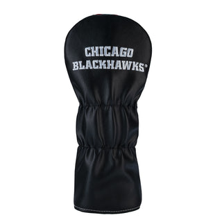 Black golf head cover with 'Chicago Blackhawks' text on a white background