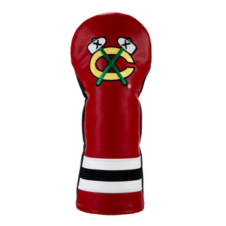 Red golf club fairway headcover with a Chicago Blackhawks logo on a white background