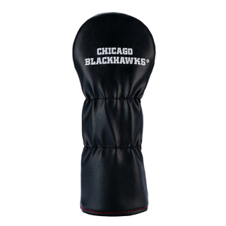 Black golf head cover with 'Chicago Blackhawks' text on a white background