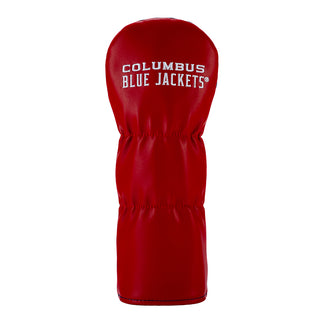 Red golf club head cover with 'Columbus Blue Jackets' text on a white background