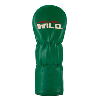 Green golf club head cover with 'Minnesota Wild' branding on a white background