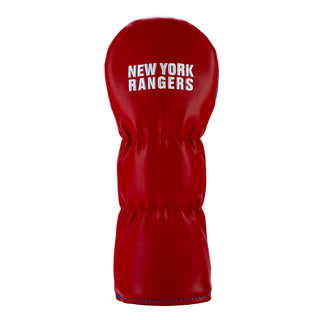 Red golf club head cover with 'New York Rangers' text on a white background