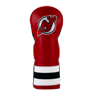 Red golf club headcover with a NJ Devils logo on a white background
