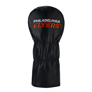 Black golf club head cover with 'Philadelphia Flyers' text on a white background