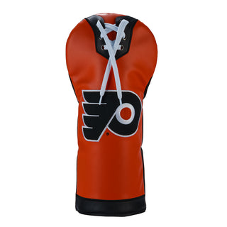 Philadelphia Flyers orange and black golf club driver headcover with a black and white Flyers logo on a white background