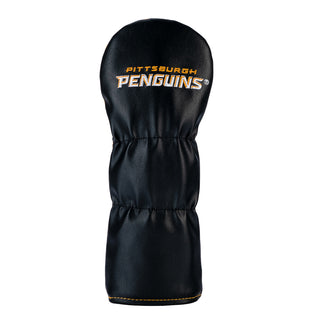 Black golf club head cover with 'Pittsburgh Penguins' logo on a white background