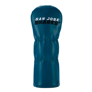 Blue golf head cover with 'San Jose Sharks' text on a white background