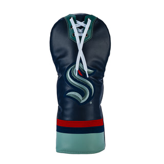 Navy blue golf club driver headcover with Seattle Kraken logo and lace-up collar detail on a white background
