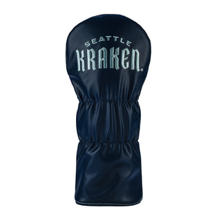 Navy blue golf club head cover with 'Seattle Kraken' branding on a white background