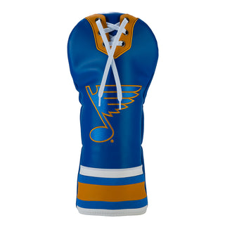 St. Louis Blues driver golf headcover with blue and yellow colors and embroidered logo plus white lace-up collar detail.