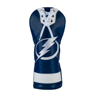 Tampa Bay Lightning golf driver headcover with navy and white colors and lace-up collar detail.