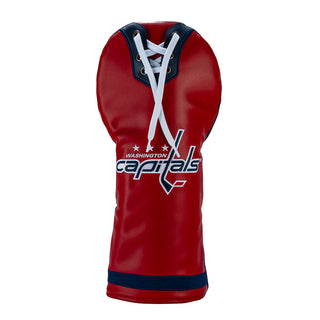 Washington Capitals driver golf headcover with red and blue materials and white lace up collar details.