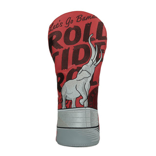 Maroon Alabama University Roll Tide driver headcover with a silver elephant design.