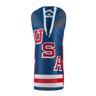 Hometown Brands USA Hockey Jersey red, white, and blue driver golf headcover with a lace collar detail and USA letter embroidery.