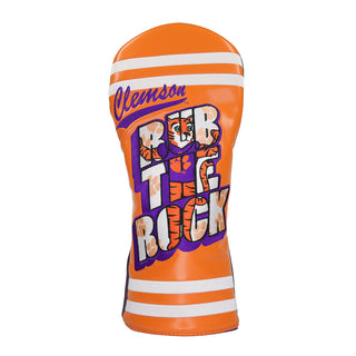 Clemson Rub the Rock golf driver headcover in orange, purple and white. Image of a tiger in the wording. 