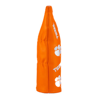 Orange golf club head cover with Clemson Tigers scattered logo on a white background