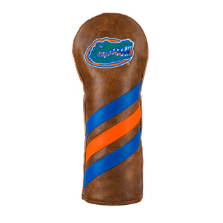 University of Florida Gators brown worn leather fairway wood golf headcover with blue and orange diagonal stripes.