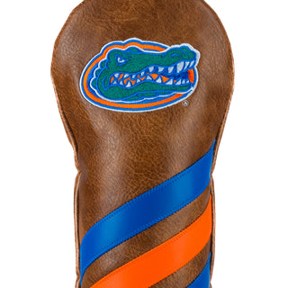University of Florida Gators brown worn leather fairway wood golf headcover with blue and orange diagonal stripes.