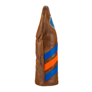 University of Florida Gators brown worn leather fairway wood golf headcover with blue and orange diagonal stripes.
