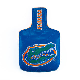 Blue quilted mallet golf headcover with a University of Florida gator logo on a white background.