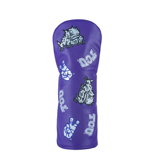 Purple golf club head cover with TCU Horned Frogs scattered logo and text on a white background