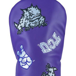 Purple golf club head cover with TCU Horned Frogs scattered logo and text on a white background