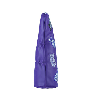 Purple golf club head cover with TCU Horned Frogs scattered logo and text on a white background