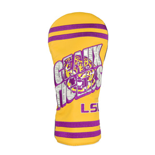 LSU Geaux Tigers driver golf headcover in yellow, purple and gray with Tiger face in the lettering.