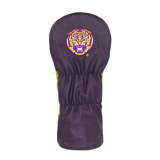 LSU Geaux Tigers driver headcover in yellow, purple and gray tiger face.