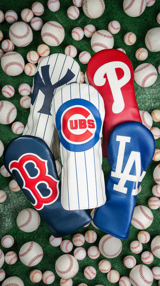 Hometown Brands officially licensed MLB golf driver headcovers featuring Chicago Cubs, Philadelphia Phillies, Boston Red Sox, LA Dodgers, and New York Yankees.