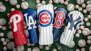 Hometown Brands officially licensed MLB golf driver headcovers featuring Chicago Cubs, Philadelphia Phillies, Boston Red Sox, LA Dodgers, and New York Yankees.