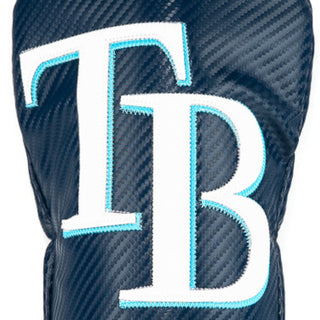 Navy blue MLB official Tampa Bay Rays golf club headcover with 'TB' logo on a white background