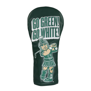 Michigan State University Go Green Go White driver golf headcover in white and green with the Spartan swinging a golf club.