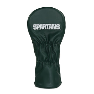 Michigan State University Go Green Go White driver headcover in white and green with the Spartan writing on the back.