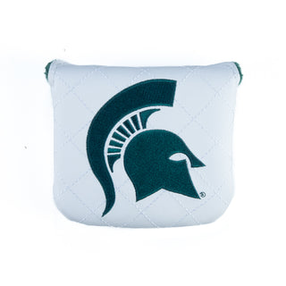 White golf head cover with green Michigan State Spartan helmet logo on a white background.
