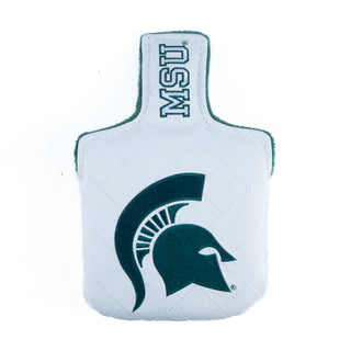 White golf head cover with green Michigan State Spartan helmet logo on a white background.