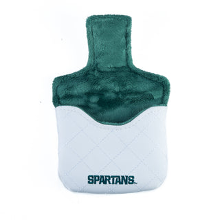 White golf head cover with green Michigan State Spartan helmet logo on a white background.