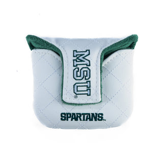 White golf head cover with green Michigan State Spartan helmet logo on a white background.