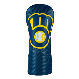Blue MLB Milwaukee Brewers driver golf club headcover with yellow and white logo on a white background.