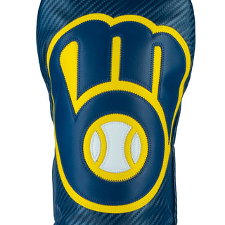 Blue MLB Milwaukee Brewers driver golf club headcover with yellow and white logo on a white background.