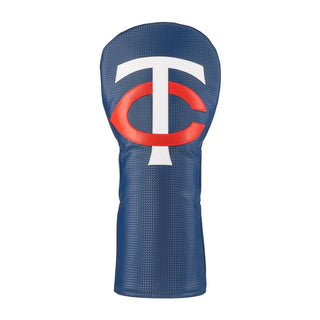 Blue driver golf club head cover with a red and white Minnesota Twins official logo on a white background.