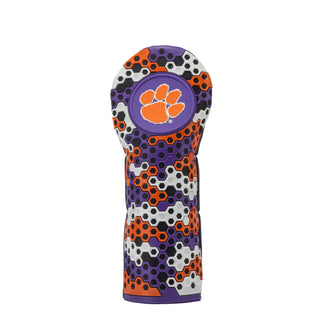 Clemson University fairway headcover in orange, purple, black and white.