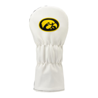 University of Iowa Fight for Iowa driver headcover with white backing and Iowa hawkeye logo in yellow and black.