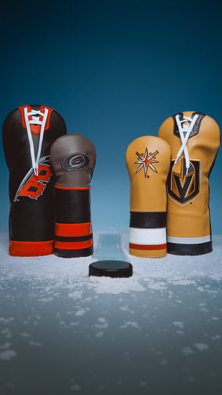 NHL official golf headcovers featuring a Carolina Hurricanes driver and fairway next to the Vegas Golden Knights driver and fairway.